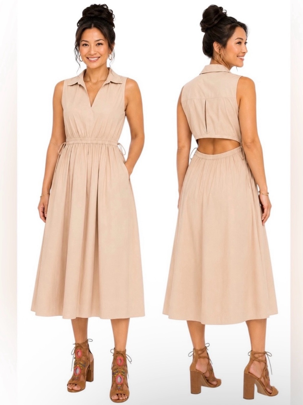 Calvin Klein Drawstring Open Back Collared Midi Maxi Dress 14